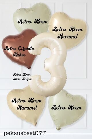 Retro Krem Yaş Balonlu Karamel Kahve Kalpli Retro Doğum Günü Yaş Balon Seti