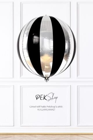 Siyah Gümüş Disko Topu Folyo Balon Siyah Çizgili 22inç