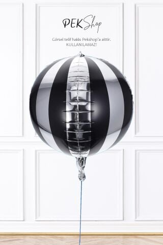 Siyah Gümüş Disko Topu Folyo Balon Siyah Çizgili 22inç