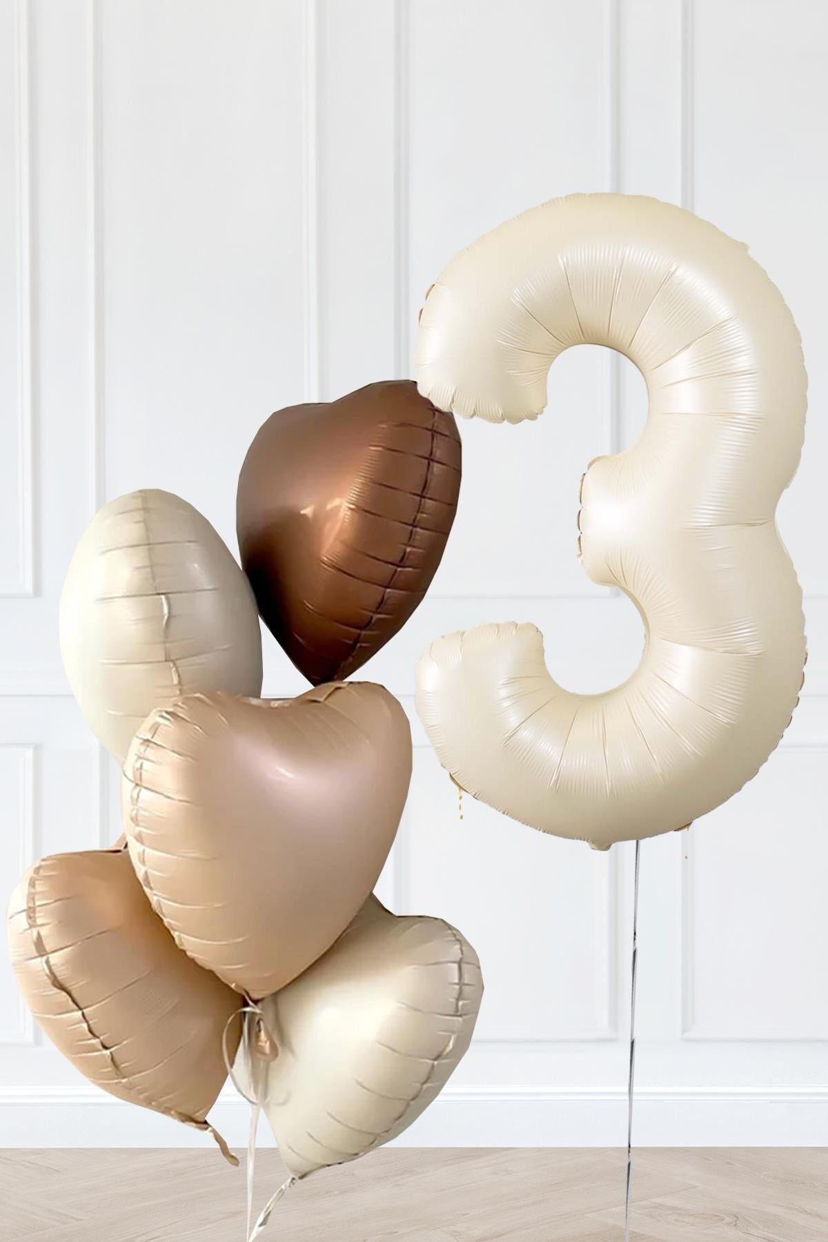 Retro Krem Yaş Balonlu Karamel Kahve Kalpli Retro Doğum Günü Yaş Balon Seti 3