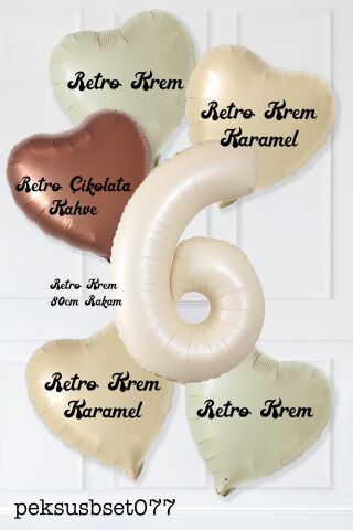 Retro Krem Yaş Balonlu Karamel Kahve Kalpli Retro Doğum Günü Yaş Balon Seti 6