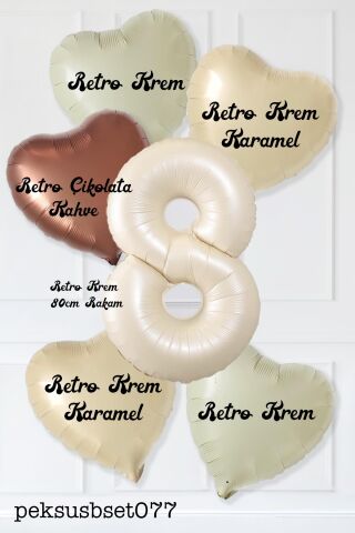 Retro Krem Yaş Balonlu Karamel Kahve Kalpli Retro Doğum Günü Yaş Balon Seti 8
