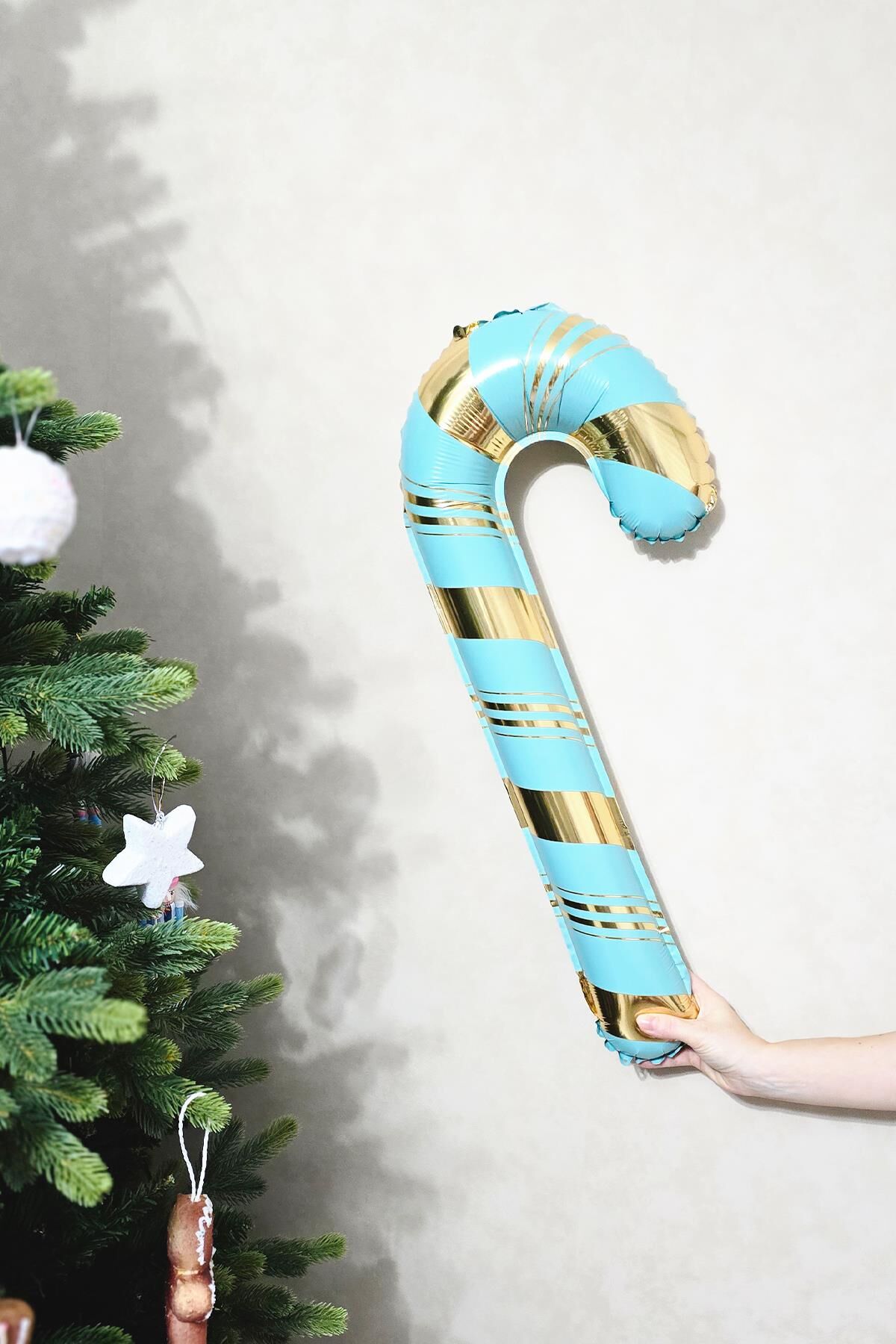 Turkuaz Gold Baston Şeker Folyo Balon Gold Detaylı Baston Şeker Yılbaşı Balonu 73x36cm