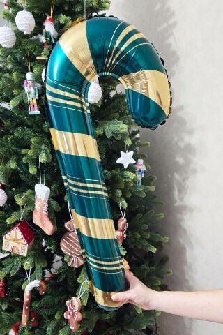 Yeşil Gold Baston Şeker Folyo Balon Gold Detaylı Baston Şeker Yılbaşı Balonu 73x36cm