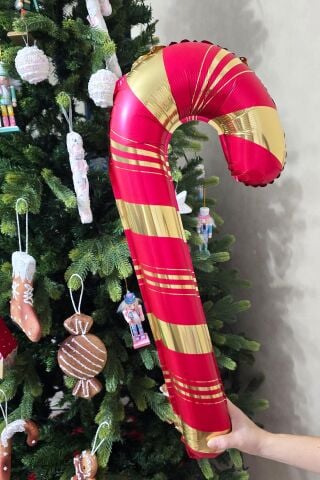 Kırmızı Gold Baston Şeker Folyo Balon Gold Detaylı Baston Şeker Yılbaşı Balonu 73x36cm