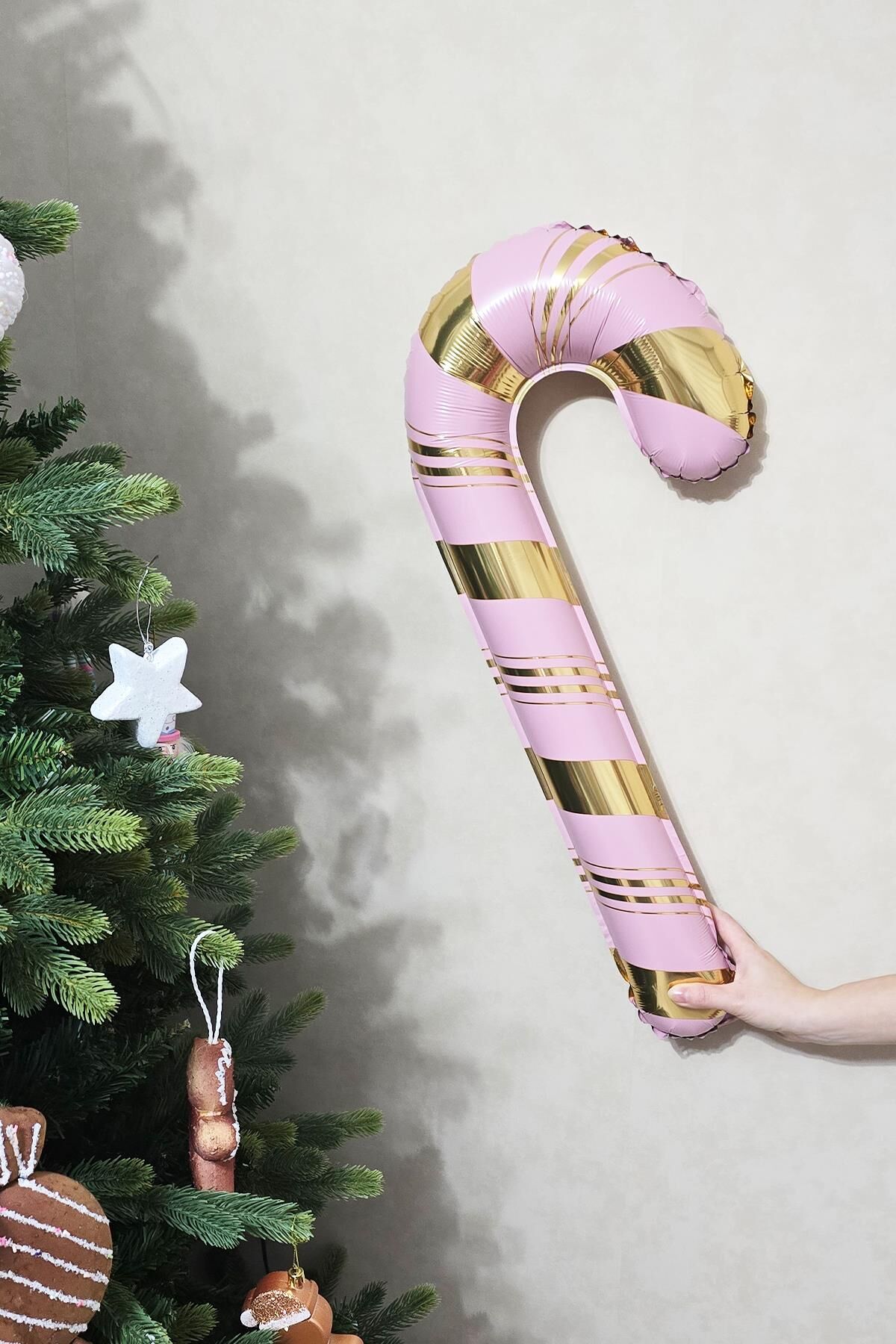 Pembe Gold Baston Şeker Folyo Balon Gold Detaylı Baston Şeker Yılbaşı Balonu 73x36cm