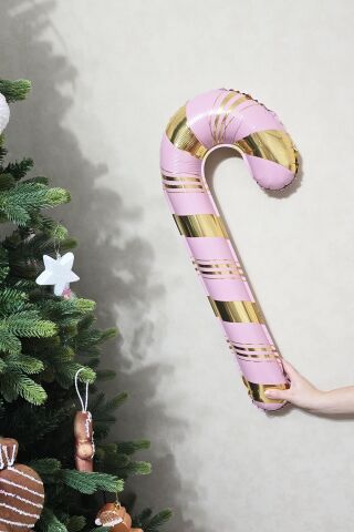 Pembe Gold Baston Şeker Folyo Balon Gold Detaylı Baston Şeker Yılbaşı Balonu 73x36cm