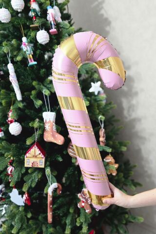 Pembe Gold Baston Şeker Folyo Balon Gold Detaylı Baston Şeker Yılbaşı Balonu 73x36cm