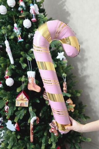 Pembe Gold Baston Şeker Folyo Balon Gold Detaylı Baston Şeker Yılbaşı Balonu 73x36cm