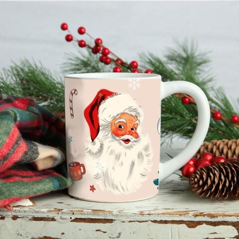 Retro Noel Baba 2 Baskılı Kupa Bardak Yılbaşı Hediyesi