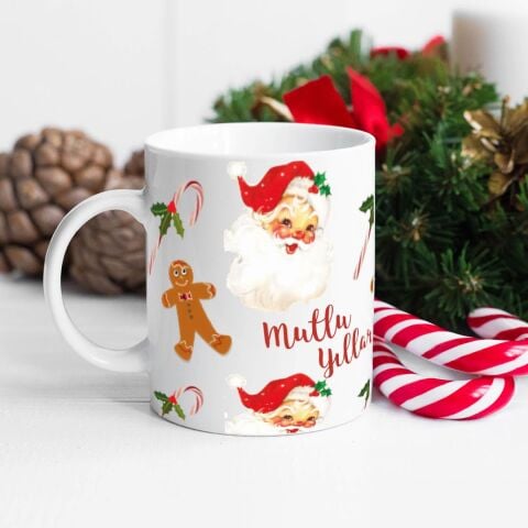 Retro Noel Baba Baskılı Kupa Bardak Yılbaşı Hediyesi