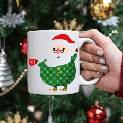 Pijamalı Noel Baba Baskılı Kupa Bardak Yılbaşı Hediyesi