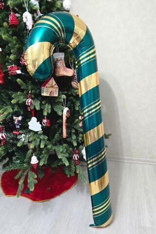 Uzun Yeşil Gold Baston Şeker Folyo Balon Gold Detaylı Büyük Uzun Baston Şeker Yılbaşı Balonu 150 cm