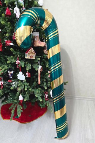 Uzun Yeşil Gold Baston Şeker Folyo Balon Gold Detaylı Büyük Uzun Baston Şeker Yılbaşı Balonu 150 cm