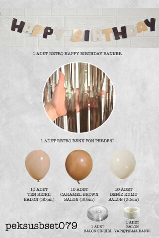 Retro Renkler Balon Zinciri Seti Fon Perdeli Bannerlı Doğum Günü Retro Renk Balon Zincir Paketi