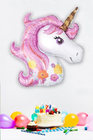 Pembe Unicorn Çiçekli Büyük Folyo Balon 42inç Doğum Günü Balonu