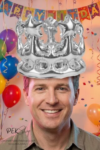 Gümüş Takılabilir Kral Tacı Şeklinde Folyo Balon Kafaya Takılabilir Boyut Ayarlı