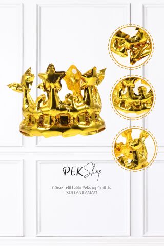 Gold Takılabilir Kral Tacı Şeklinde Folyo Balon Kafaya Takılabilir Boyut Ayarlı