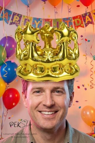 Gold Takılabilir Kral Tacı Şeklinde Folyo Balon Kafaya Takılabilir Boyut Ayarlı