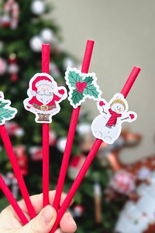 Yılbaşı Temalı Noel Baba Kardan Adam Baston Şeker Süslü Pipetler 10lu Pipet Paketi