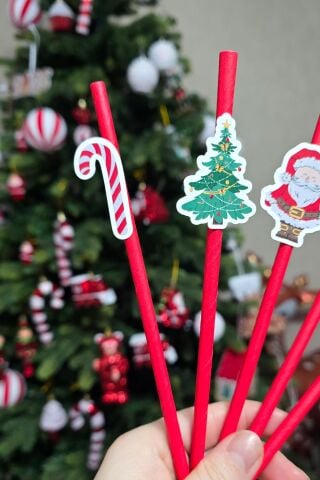 Yılbaşı Temalı Noel Baba Kardan Adam Baston Şeker Süslü Pipetler 10lu Pipet Paketi