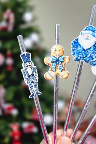 Bleu Blanch Temalı Kurşun Asker Noel Baba Kardan Adam Süslü Pipetler 10lu Pipet Paketi