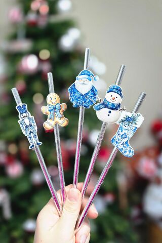 Bleu Blanch Temalı Kurşun Asker Noel Baba Kardan Adam Süslü Pipetler 10lu Pipet Paketi