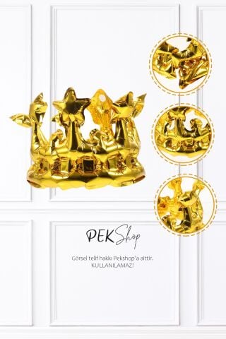 Gold Takılabilir Kral Tacı Şeklinde Folyo Balon Kafaya Takılabilir Boyut Ayarlı