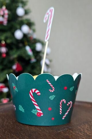 Yeşil Yılbaşı Desen Temalı Yılbaşı Cupcake Sargısı 10'lu Paket Yılbaşı Sofra Süsleri