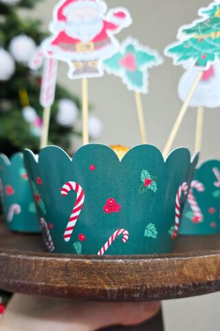 Yeşil Yılbaşı Desen Temalı Yılbaşı Cupcake Sargısı 10'lu Paket Yılbaşı Sofra Süsleri