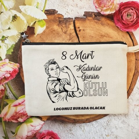 Astarlı Lüx Clutch Çanta 8 Mart Kadınlar Günü Logo Baskılı Kadının Gücü