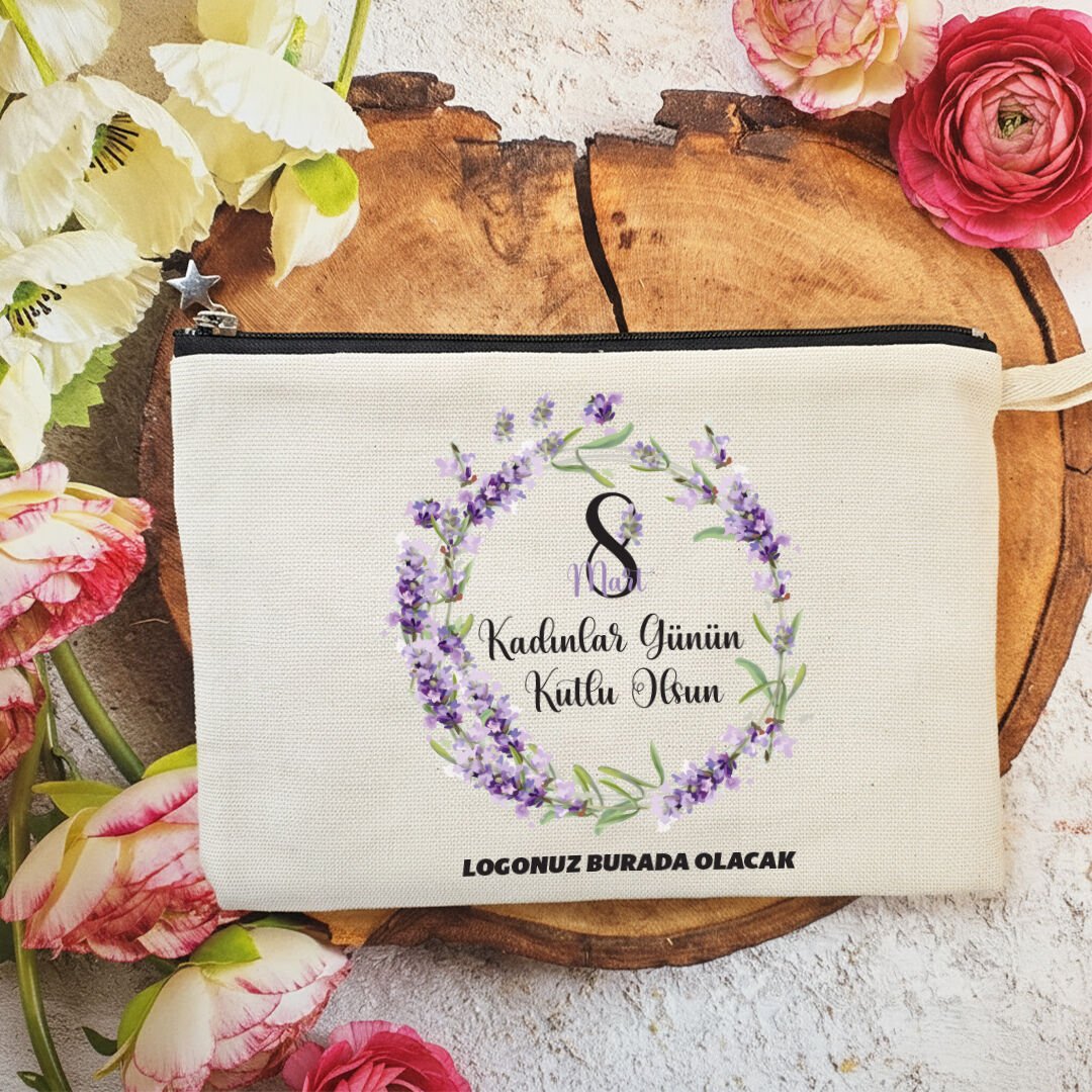 Astarlı Lüx Clutch Çanta 8 Mart Kadınlar Günü Logo Baskılı Lavanta Çiçekleri