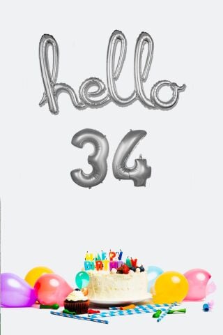 34 Yaş Doğum Günü Balonları - Hello 34 El Yazısı Gümüş Renk Folyo Balon