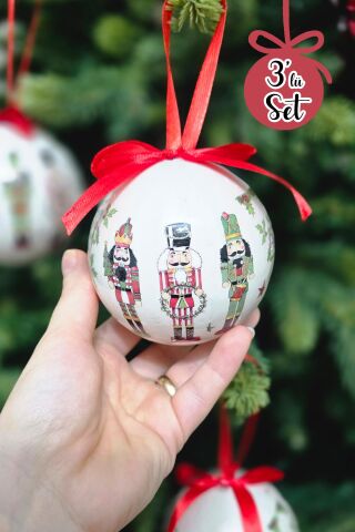 8cm Yılbaşı Ağacı Süsü Toplar 3lü Kurşun Asker Fındıkkıran Baskılı Lüks Kırmızı Fiyonklu Ağaç Süsleri 3lü