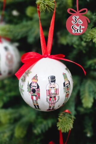 8cm Yılbaşı Ağacı Süsü Toplar 3lü Kurşun Asker Fındıkkıran Baskılı Lüks Kırmızı Fiyonklu Ağaç Süsleri 3lü
