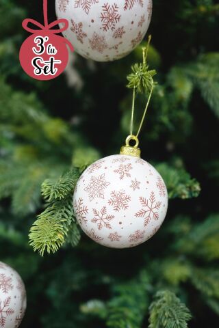 8cm Yılbaşı Ağacı Süsü Toplar 3lü Kar Tanesi Baskılı Lüks Ağaç Süsleri 3lü