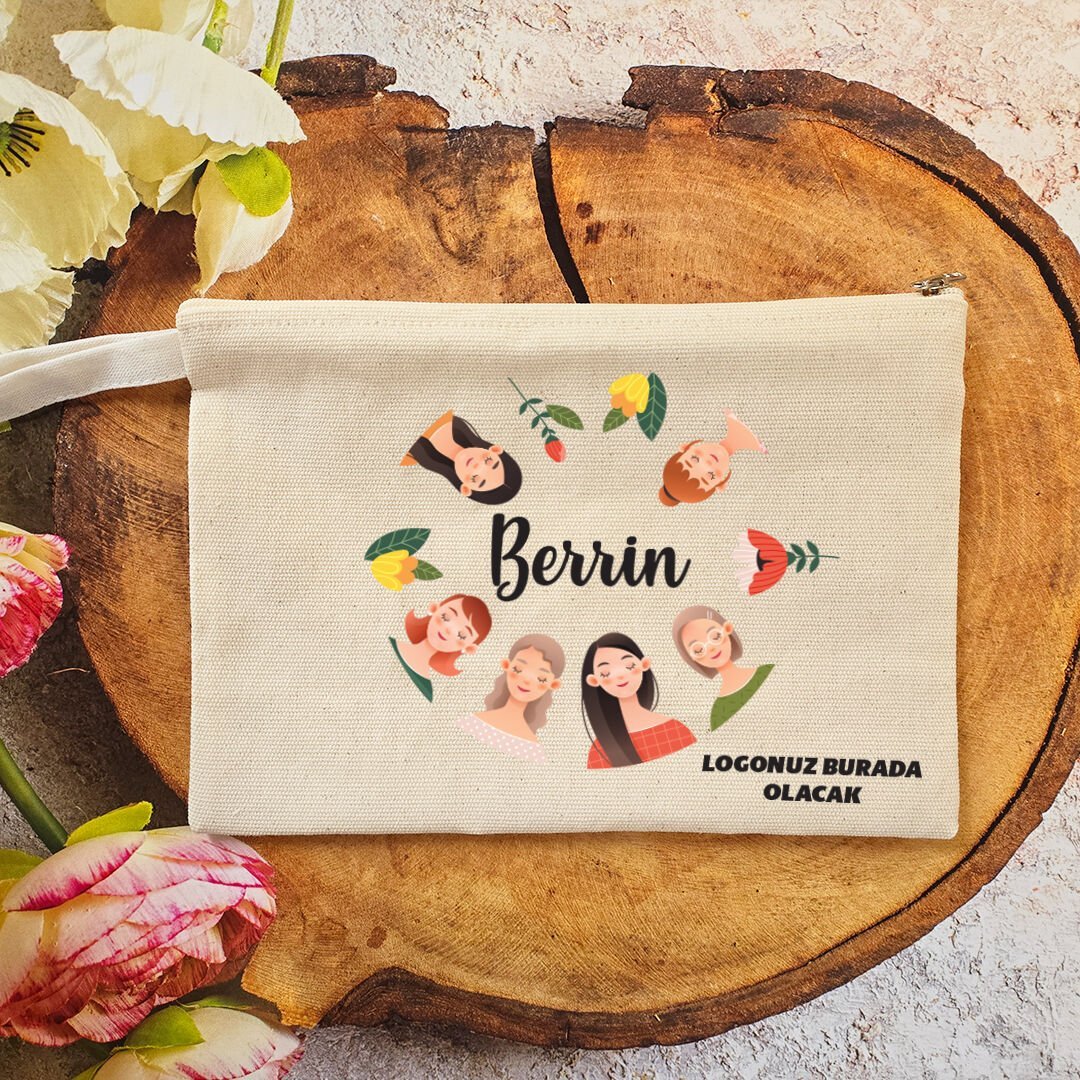 Tek Tek İsimli Makyaj Çantası 8 Mart Kadınlar Günü Logo Baskılı Kadınlar Figürlü