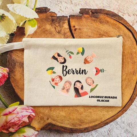 Tek Tek İsimli Makyaj Çantası 8 Mart Kadınlar Günü Logo Baskılı Kadınlar Figürlü