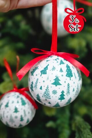 8cm Yılbaşı Ağacı Süsü Toplar 3lü Çam Ağacı Baskılı Lüks Ağaç Süsleri 3lü