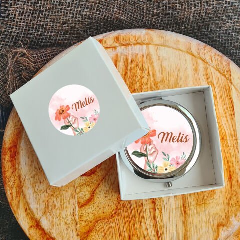 Tek Tek İsimli 8 Mart Kadınlar Günü Hediyesi Metal Ayna Turuncu Çiçekler