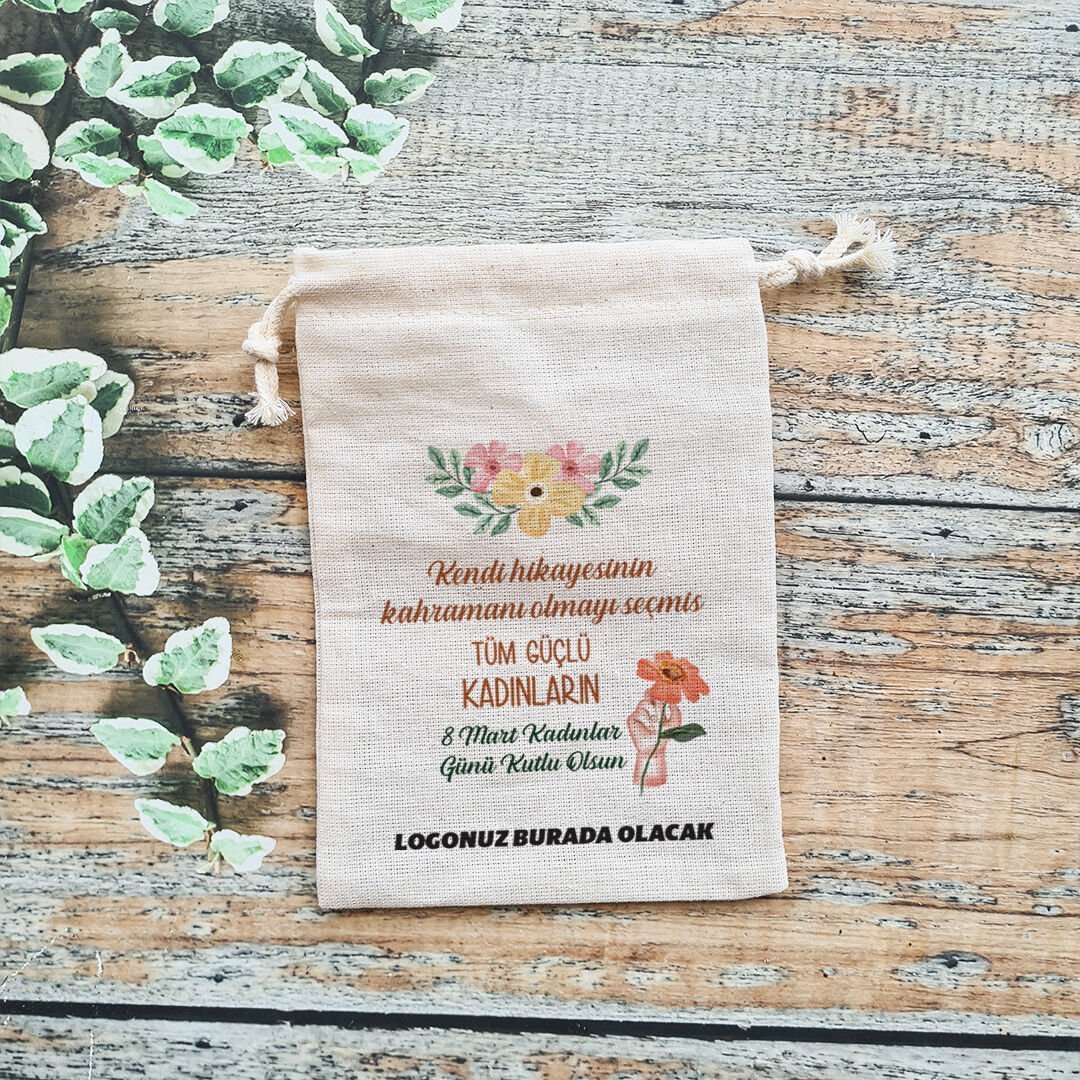 Turuncu Çiçekler 8 Mart Kadınlar Günü Hediye Kesesi Şirket Logolu