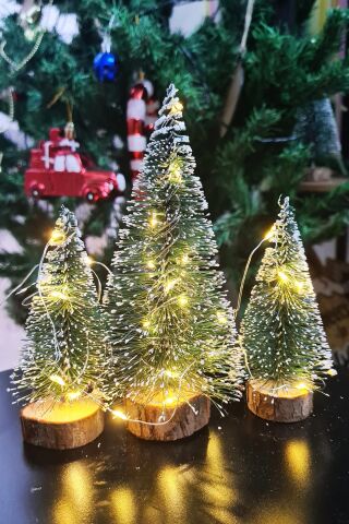 Işıklı Yılbaşı Ağacı 3lü Mini Masa Üstü Yılbaşı Ağacı Seti 3 Ad ve 3m Peri Led Işık