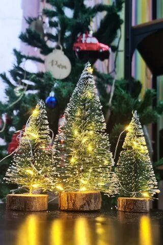 Işıklı Yılbaşı Ağacı 3lü Mini Masa Üstü Yılbaşı Ağacı Seti 3 Ad ve 3m Peri Led Işık