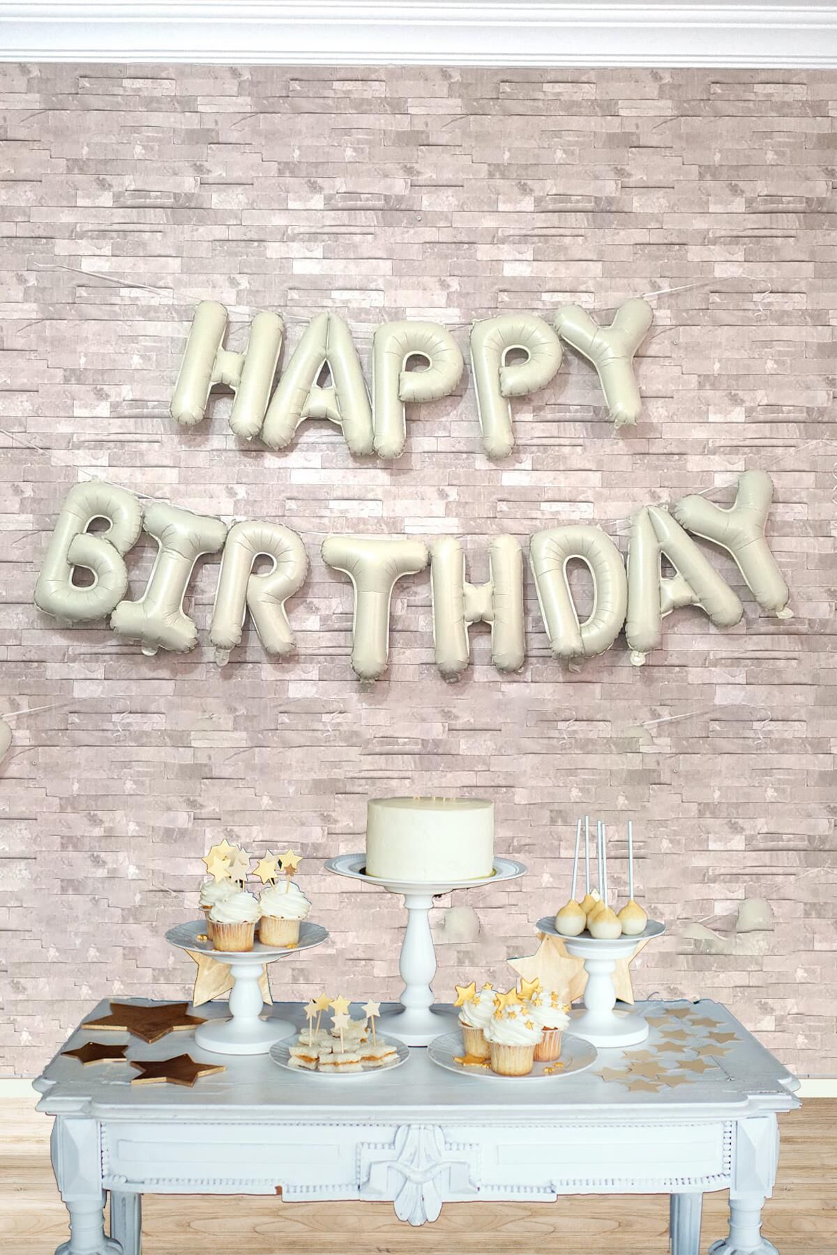 Retro Krem Happy Birthday Harf Balonlar Retro Doğum Günü Balon Seti