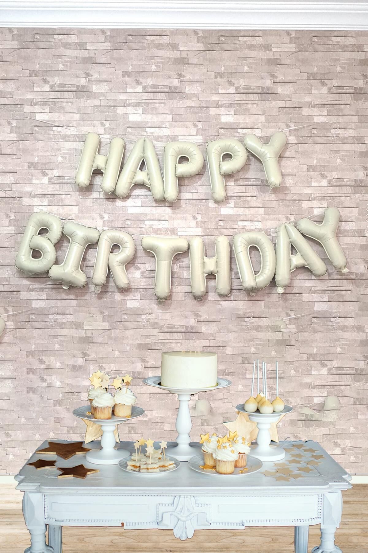 Retro Krem Happy Birthday Harf Balonlar Retro Doğum Günü Balon Seti