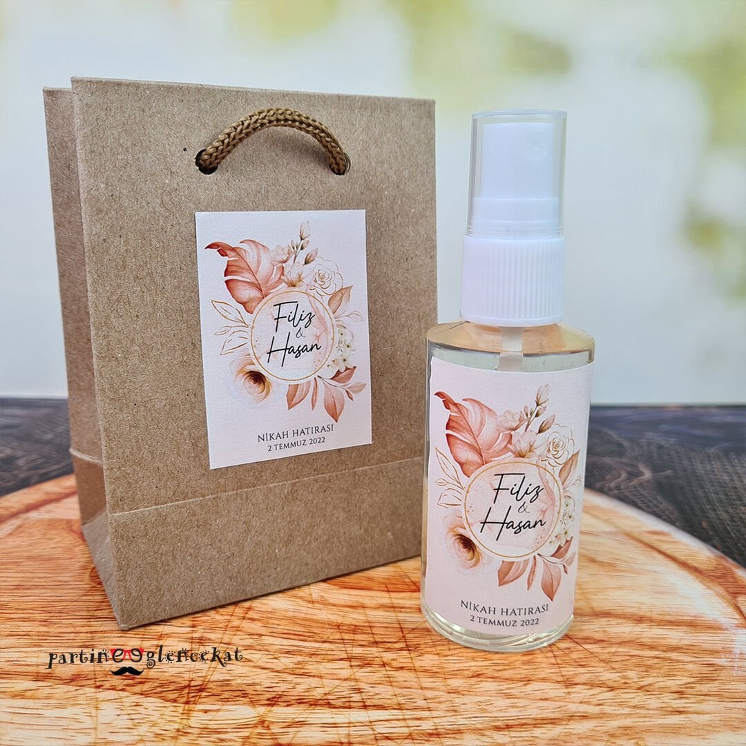 Rose Gold Yapraklı Fısfıslı Plastik Kolonya Hediyelik Kraft Poşet ile Birlikte