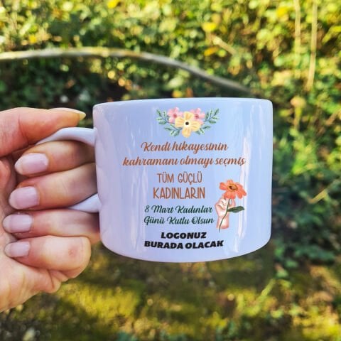 Şirket Logolu 8 Mart Kadınlar Günü Hediyesi Fincan Turuncu Çiçekli