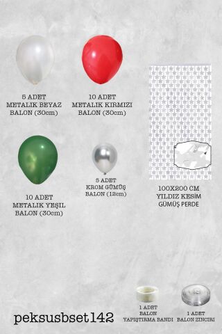 Yılbaşı Balon Zinciri Paketi Gümüş Yıldızlı Arka Fonlu Yılbaşı Balon Süsleme Seti