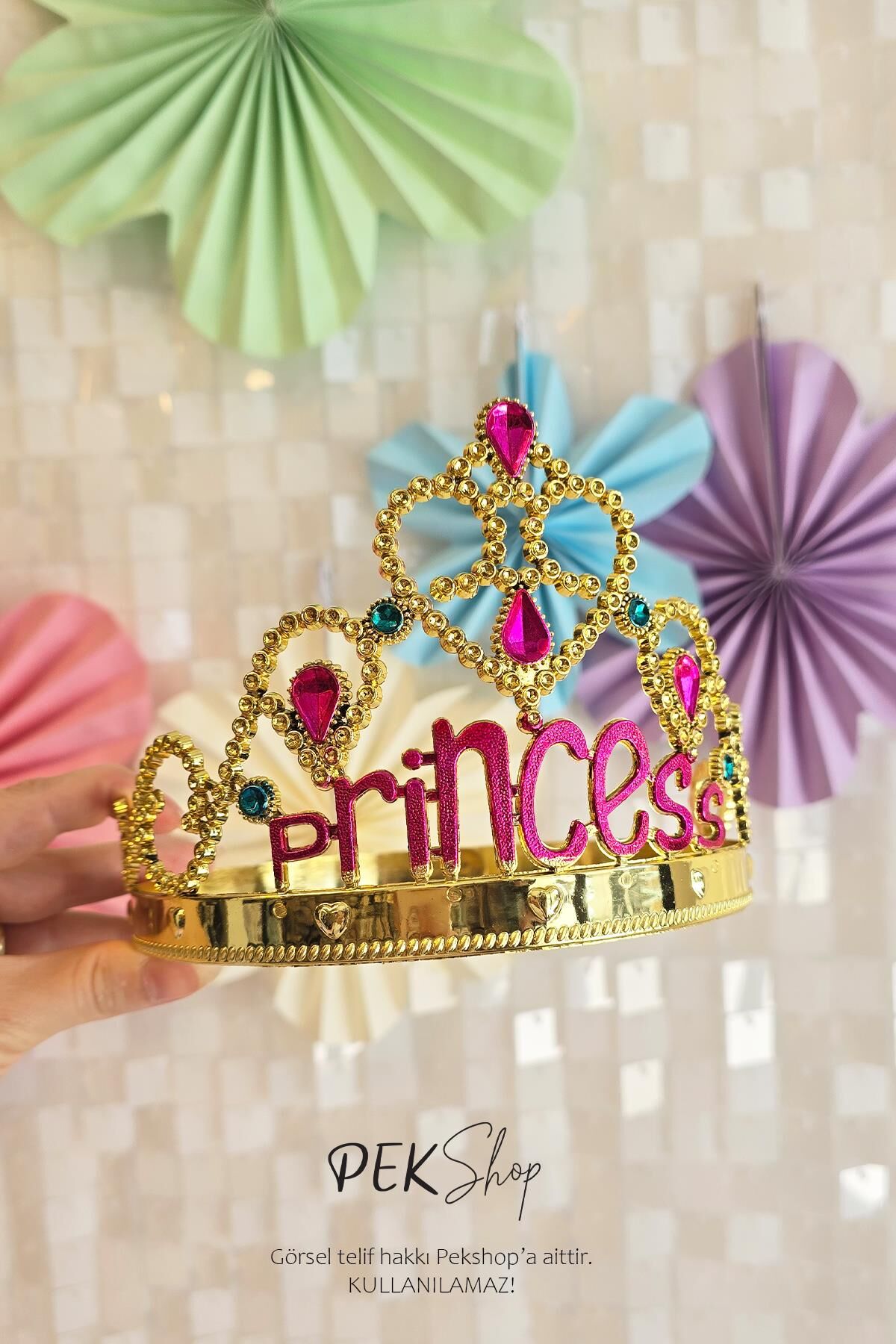Taşlı Lüks Prenses Tacı GOLD Princess Taç Boyut Ayarlı