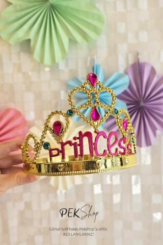 Taşlı Lüks Prenses Tacı GOLD Princess Taç Boyut Ayarlı